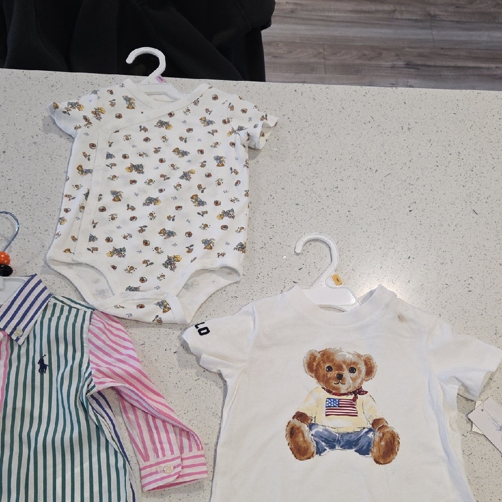 Polo by Ralph Lauren White Teddy Bear Tee and Printed Onesie Set